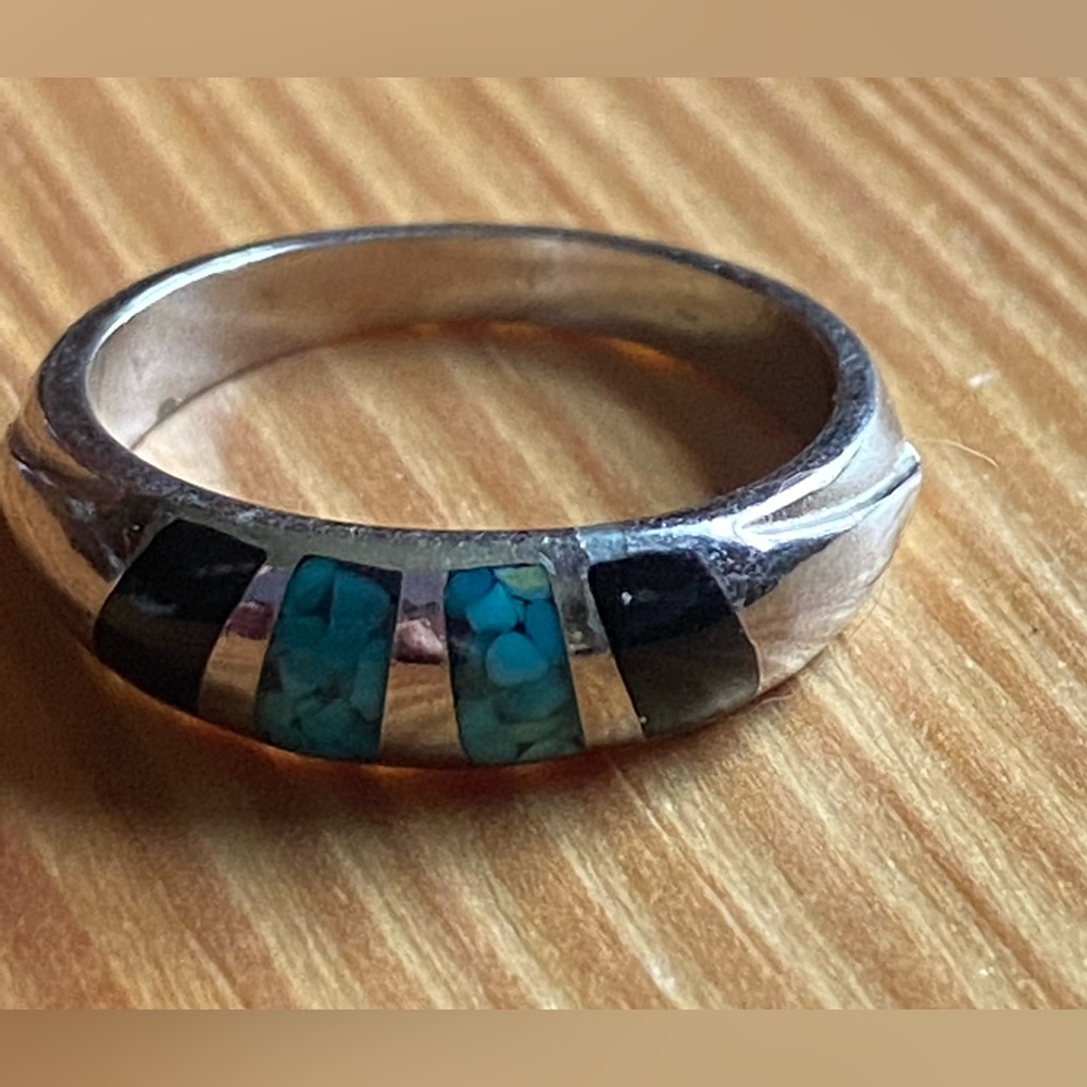 Vintage Castings on Parade silver ring with turquoise and onyx inlays 1989